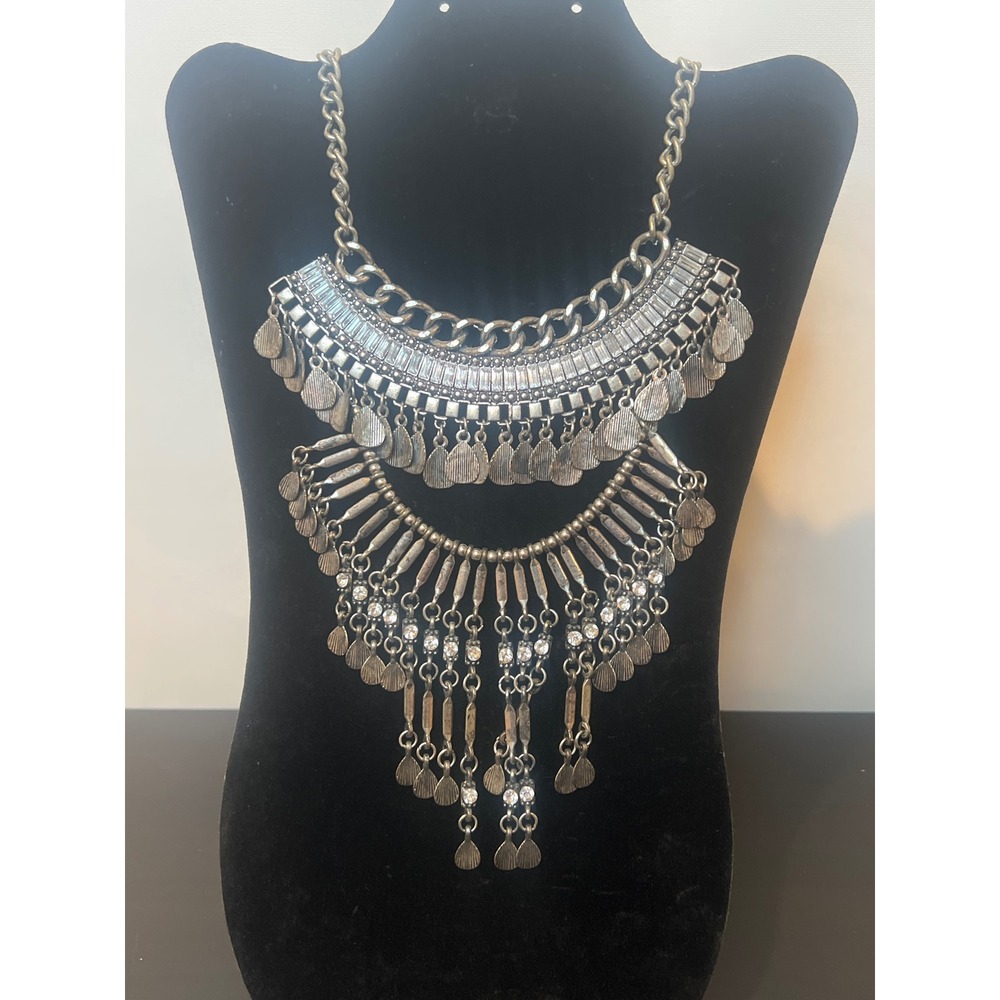 Large Statement Necklace Silver Bohemian Tiered Bib Rhinestone Coin Fringe
